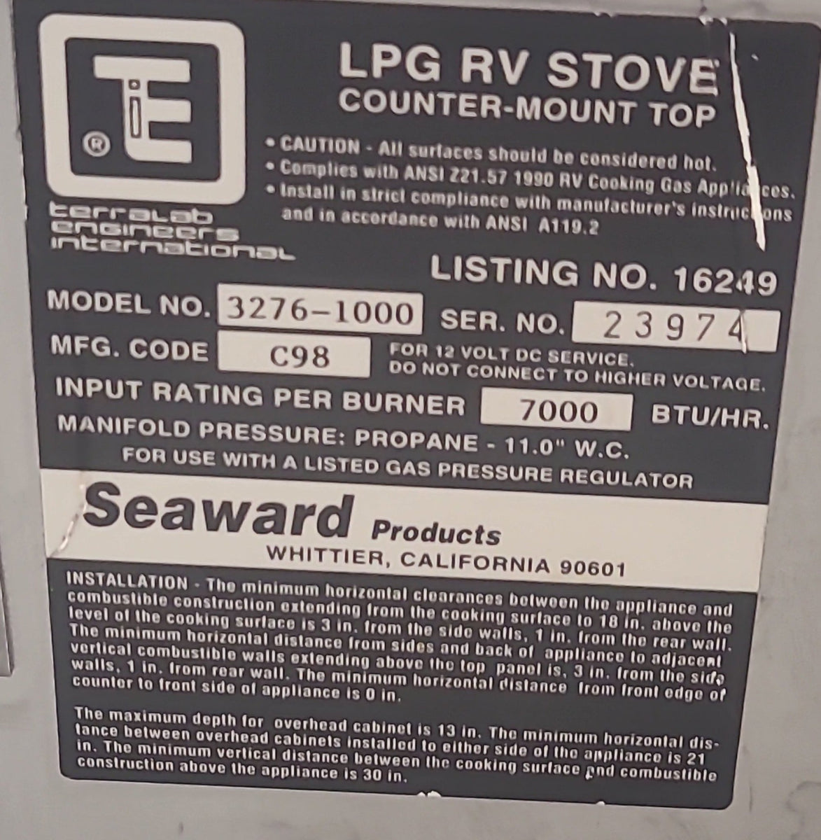 Buy Used Seaward Princess Model 32761000 3 Burner RV Range / Cooktop