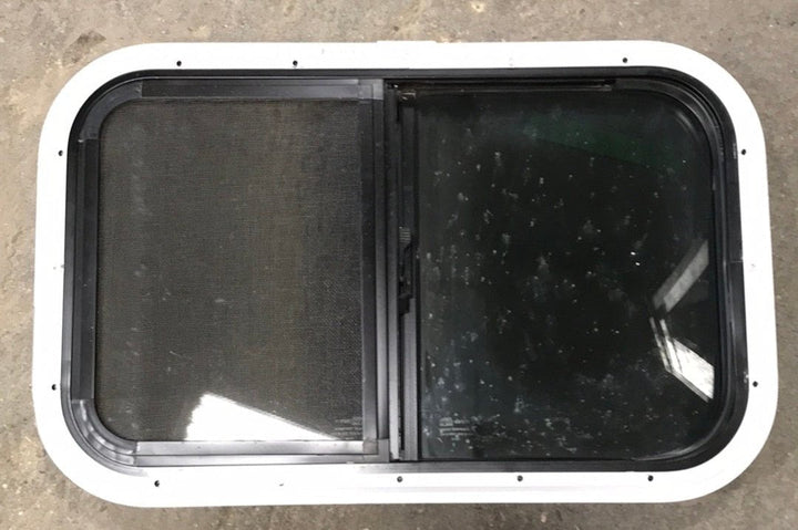 USED Black Radius Opening Window : 23 1/2" W X 14 1/2" H X 1 1/2" D - Young Farts RV Parts