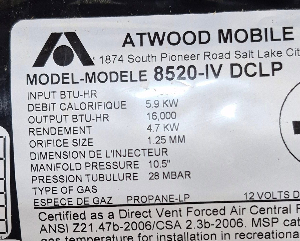 20000 BTU Used Atwood / Hydro Flame RV Propane Furnace - 8520 IV DCLP - Young Farts RV Parts