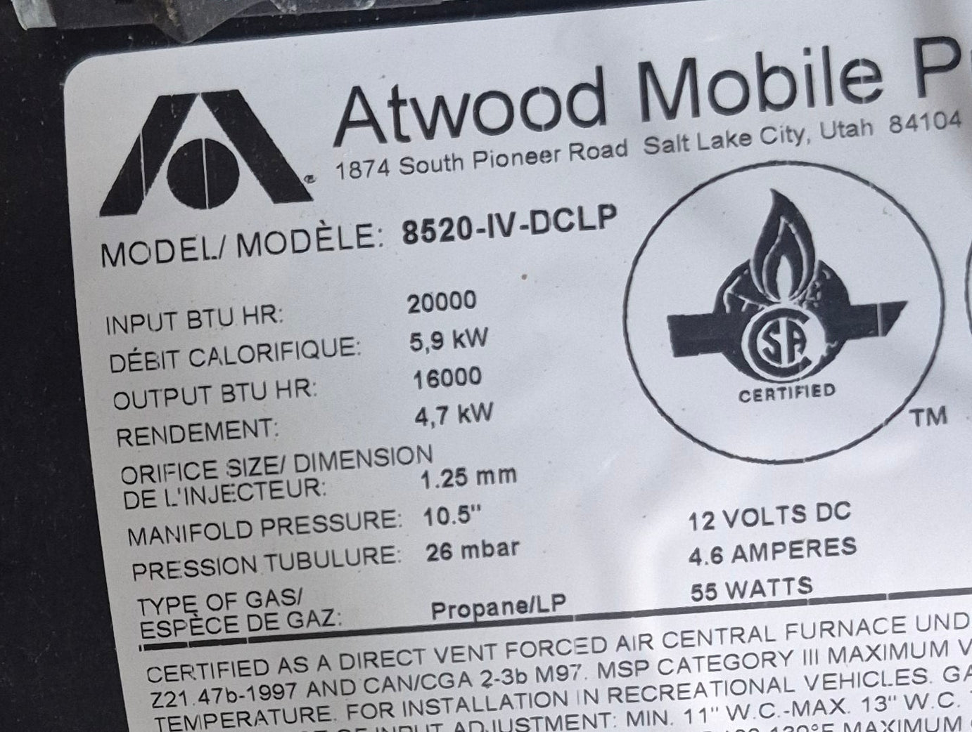 20000 BTU Used Atwood / Hydro Flame RV Propane Furnace - 8520 IV DCLP - Young Farts RV Parts