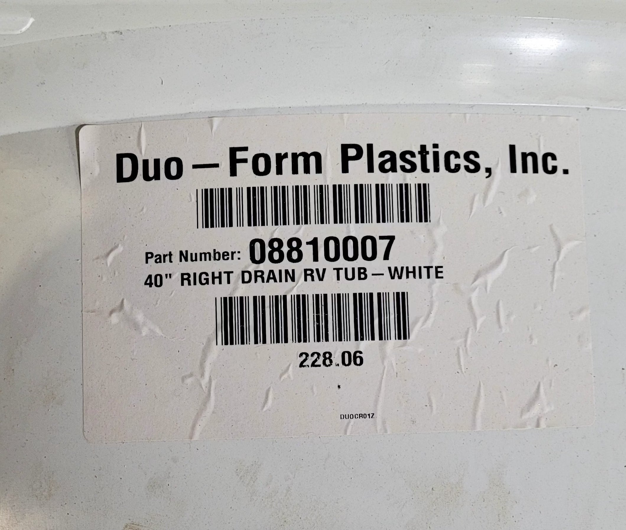 Used RV Bath Tub 40" x 24” - Right Hand Drain - Young Farts RV Parts