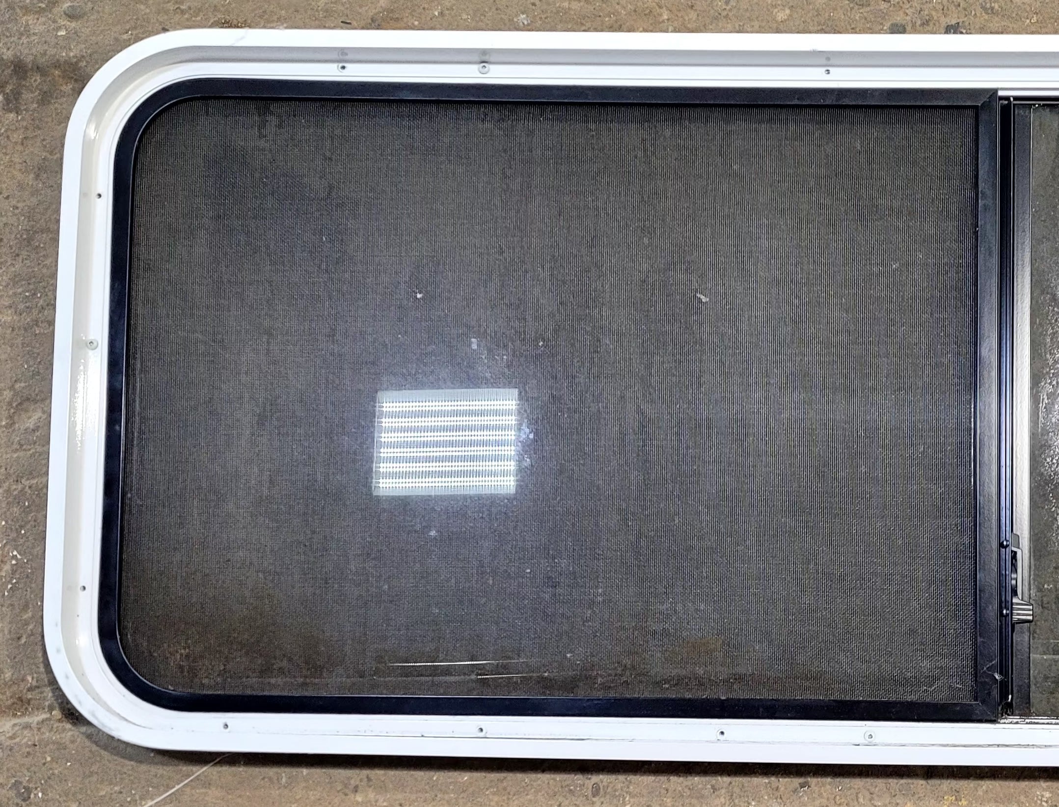 Used White Radius Opening Window : 60 1/4" W x 21 3/4" H x 1 3/4" D - Young Farts RV Parts