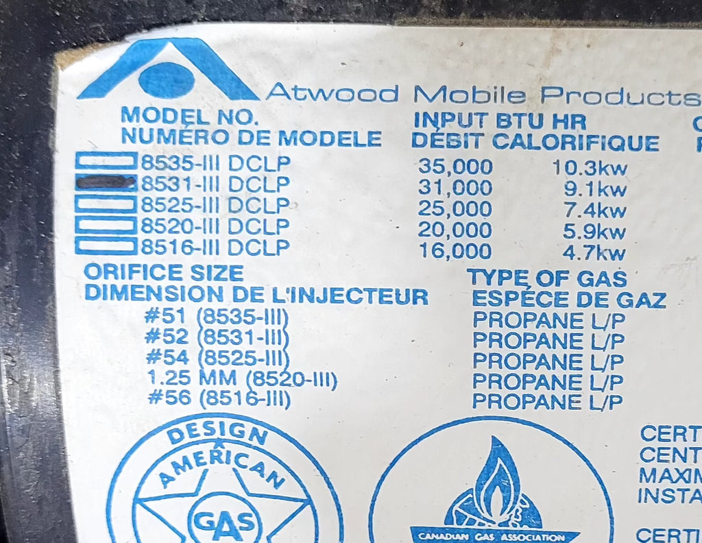31000 BTU USED 8531-III DCLP Atwood HYDROFLAME Propane Furnace