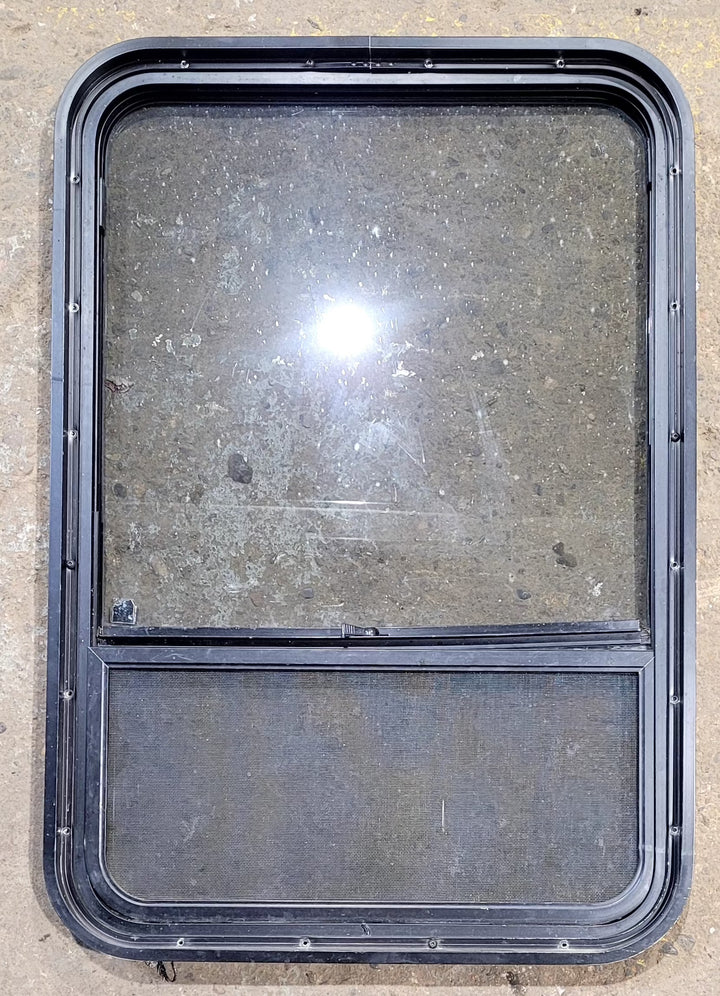 Used Black Radius Opening Window : 34 1/2" W x 23 1/2" H x 1 7/8" D - Young Farts RV Parts