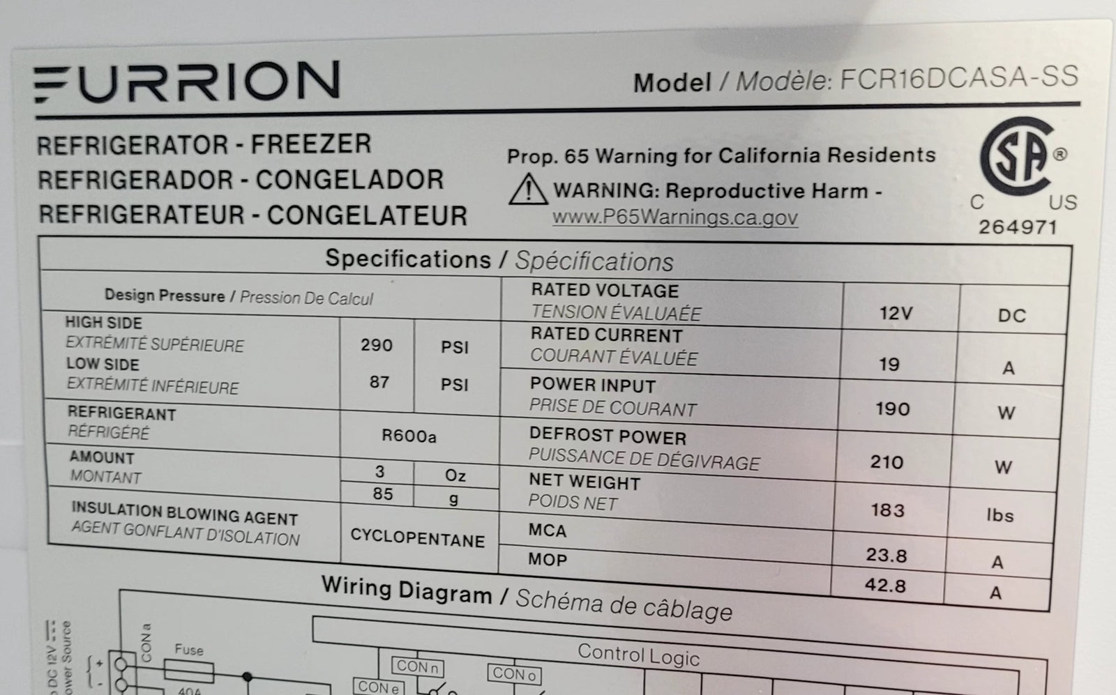 Used Complete Furrion FCR16DCASA-SS RV Refrigerator- 12V ONLY - Young Farts RV Parts