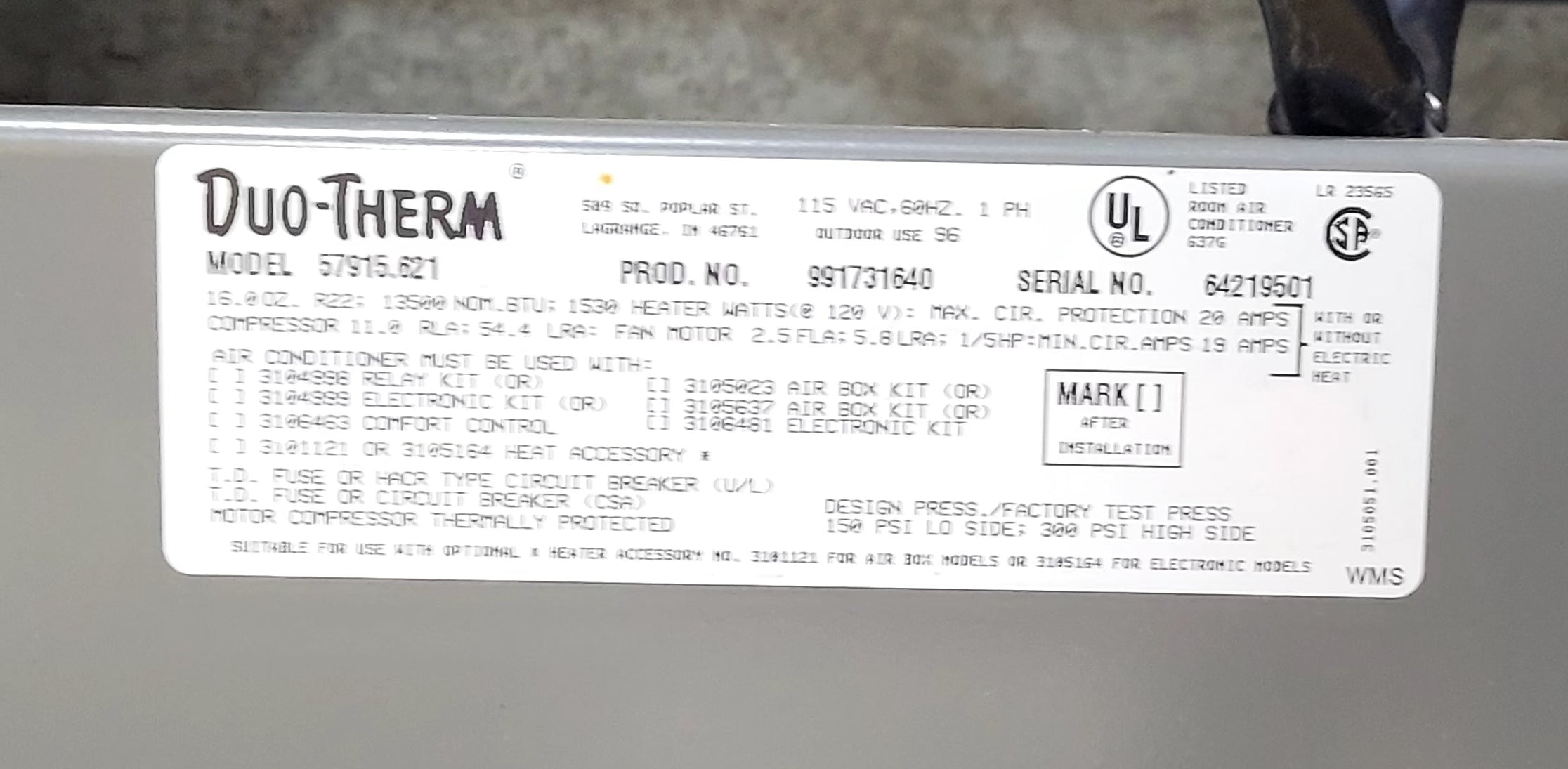 Used Duo-Therm Air conditioner Head Unit 57915.621 - 13,500 BTU Cool Only - Young Farts RV Parts