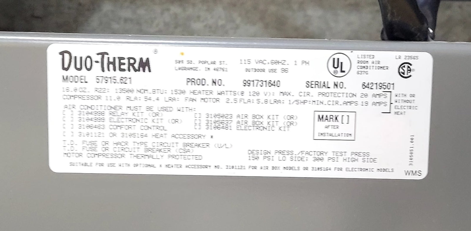 Used Duo-Therm Air conditioner Head Unit 57915.621 - 13,500 BTU Cool Only - Young Farts RV Parts