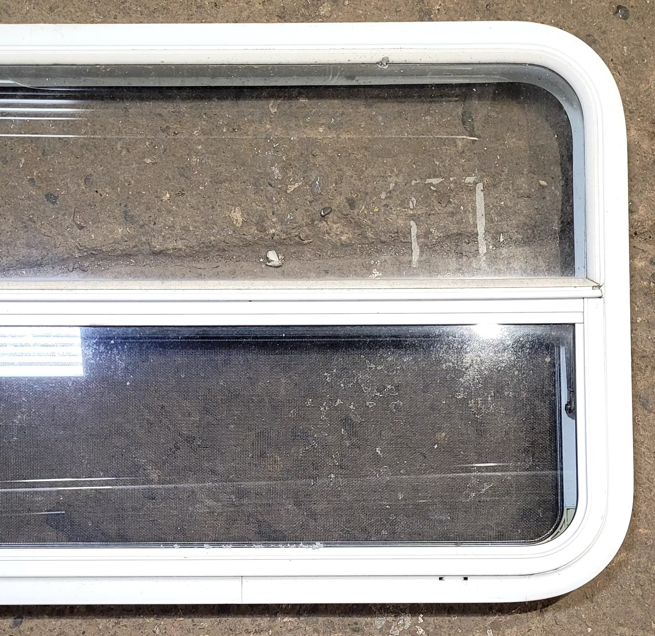 Used White Radius Opening Window : 41 1/2" W x 21 1/2" H x 1 7/8" D - Young Farts RV Parts