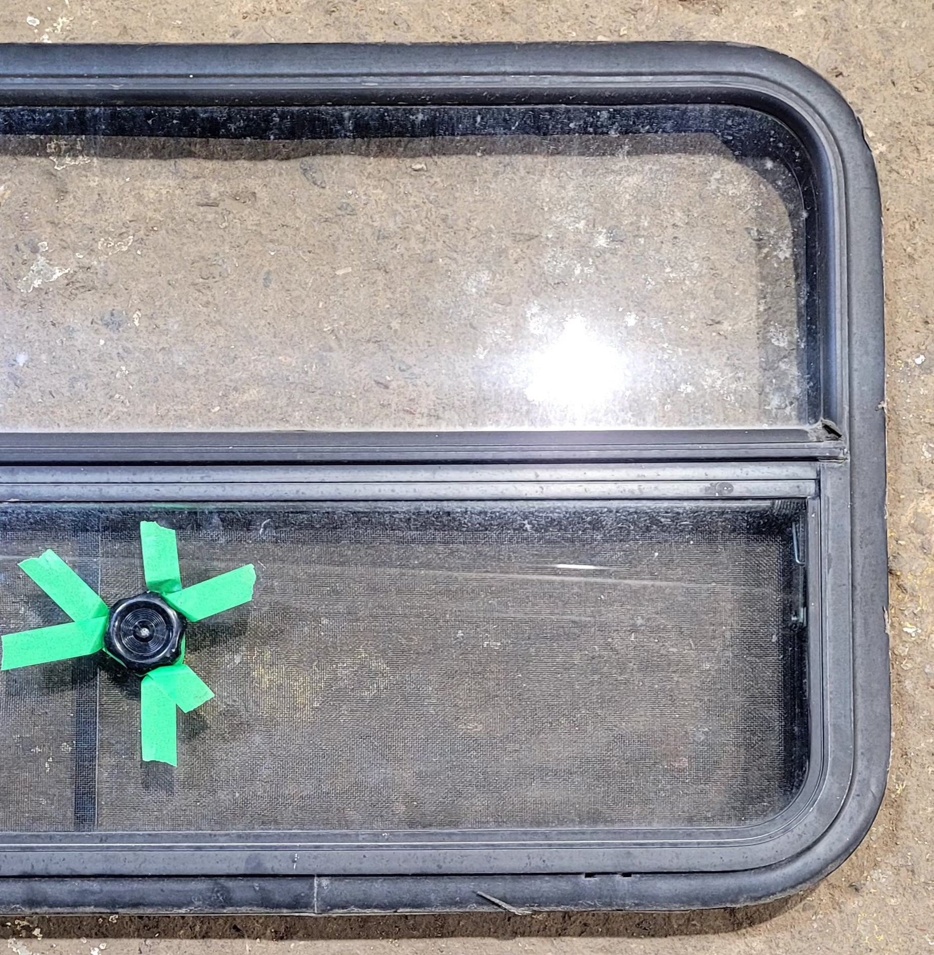 Used Black Radius Opening Window : 41 1/2" W x 21 1/2" H x 1 1/2" D - Young Farts RV Parts