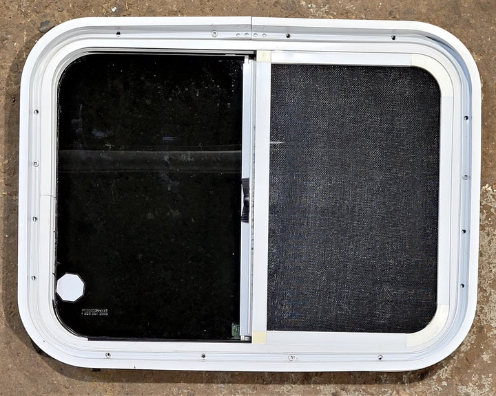 Used White Radius Opening Window : 23 1/2" W x 17 1/2" H x 1 3/4" D - Young Farts RV Parts
