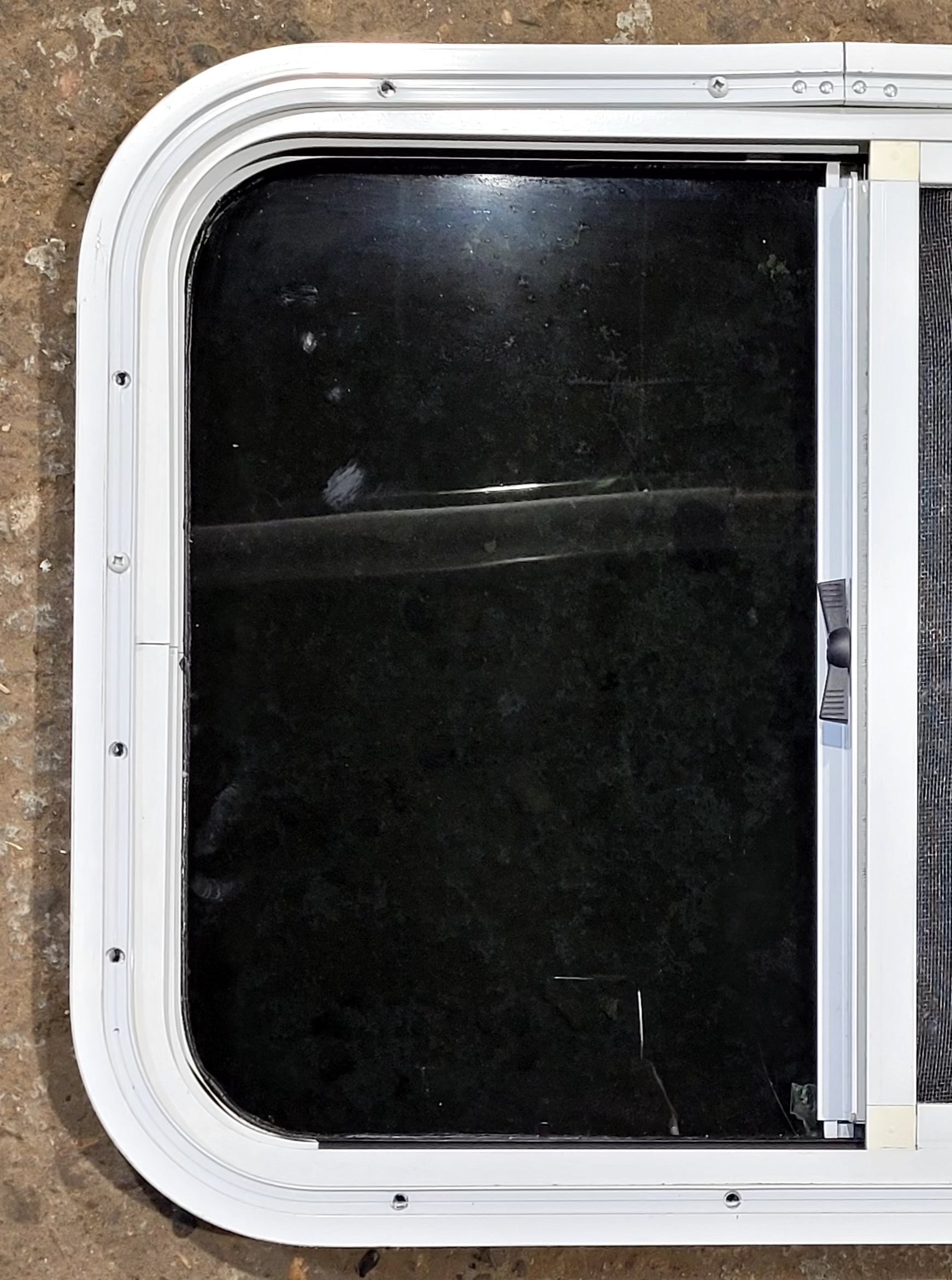 Used White Radius Opening Window : 23 1/2" W x 17 1/2" H x 1 1/4" D - Young Farts RV Parts