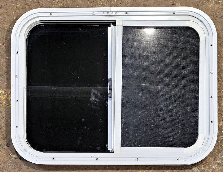 Used White Radius Opening Window : 23 1/2" W x 17 1/2" H x 1 1/4" D - Young Farts RV Parts