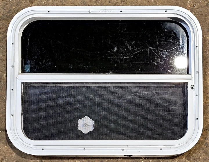 Used White Radius Opening Window : 23 1/2" W x 17 1/2" H x 1 1/2" D - Young Farts RV Parts