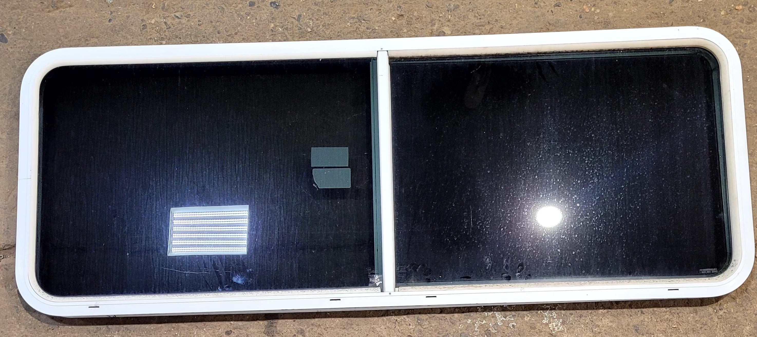Used White Radius Emergency Opening Window : 59 1/2" W x 21 1/2" H x 1 3/4" D - Young Farts RV Parts