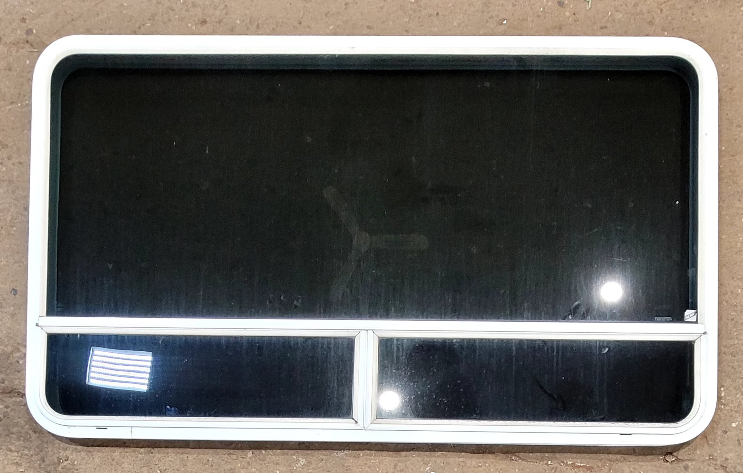 Used White Radius Opening Window : 59 1/2" W x 34 1/2" H x 1 3/4" D - Young Farts RV Parts