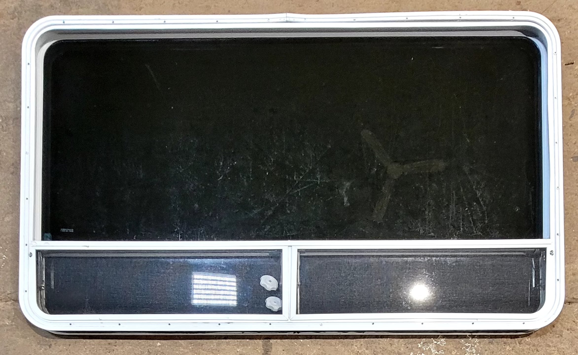 Used White Radius Opening Window : 59 1/2" W x 34 1/2" H x 1 3/4" D - Young Farts RV Parts