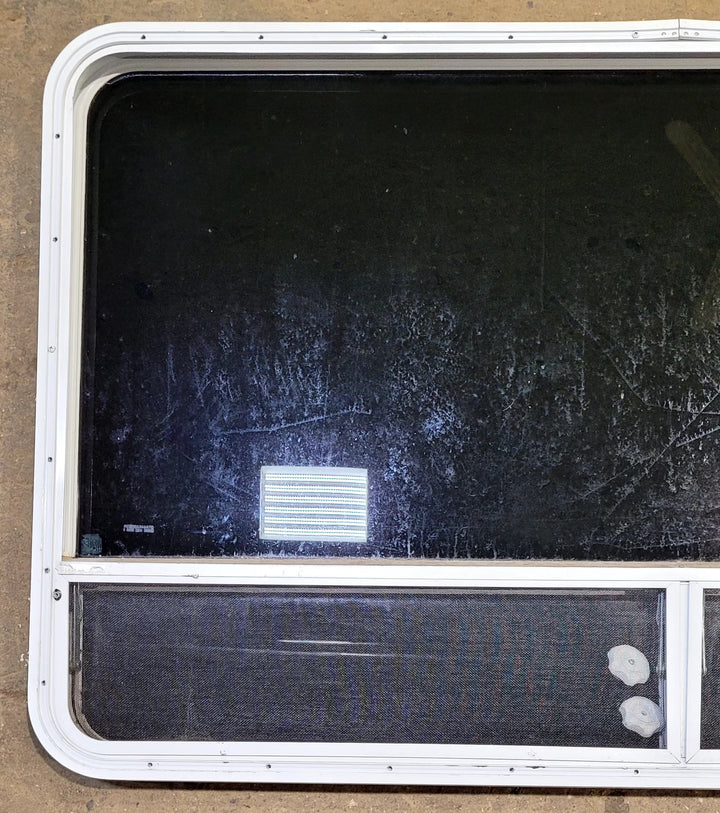 Used White Radius Opening Window : 59 1/2" W x 34 1/2" H x 1 3/4" D - Young Farts RV Parts