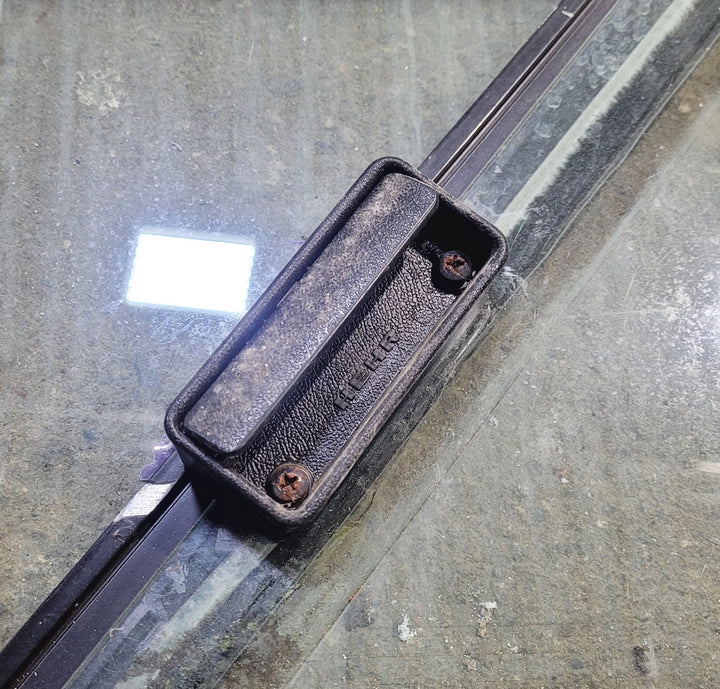 Used Slanted Black Radius Opening Window : 36 1/4" W x 26 3/4" H x 1 7/8" D - Motorhome Front Passenger Side - Young Farts RV Parts