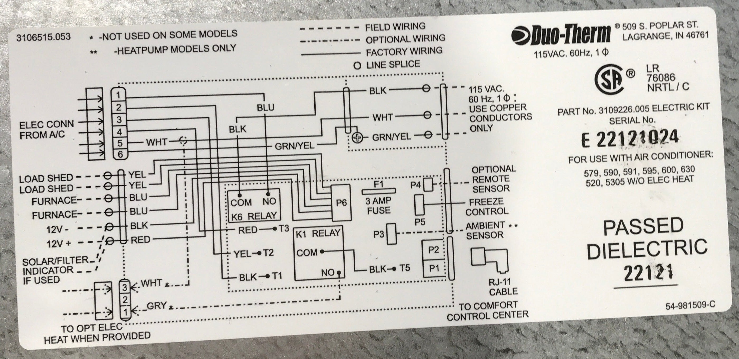 Used Dometic / Duo-Therm Air Conditioner Control Box Assembly - 3109226.005