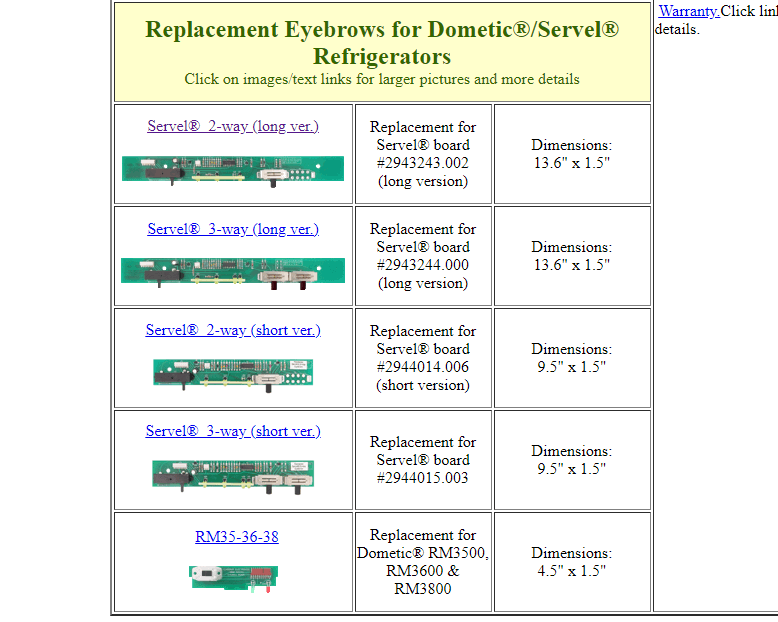 dinosaur electric 2943244.000 3-WAY LONG eyebrow For Dom/Servel *SPECIAL ORDER* - Young Farts RV Parts