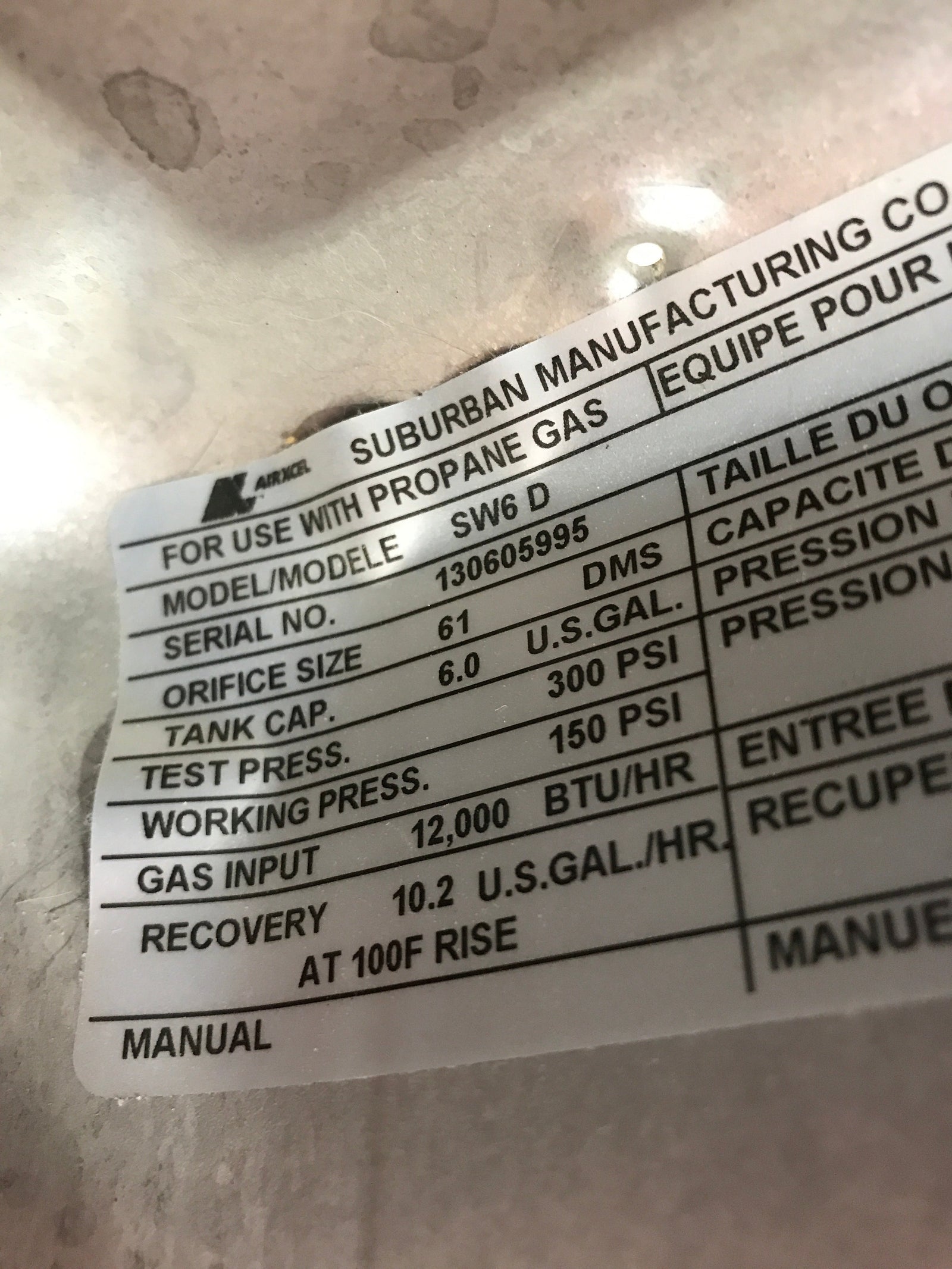 Used SW6D Suburban Hot Water Heater -TANK ONLY - 6 Gallon