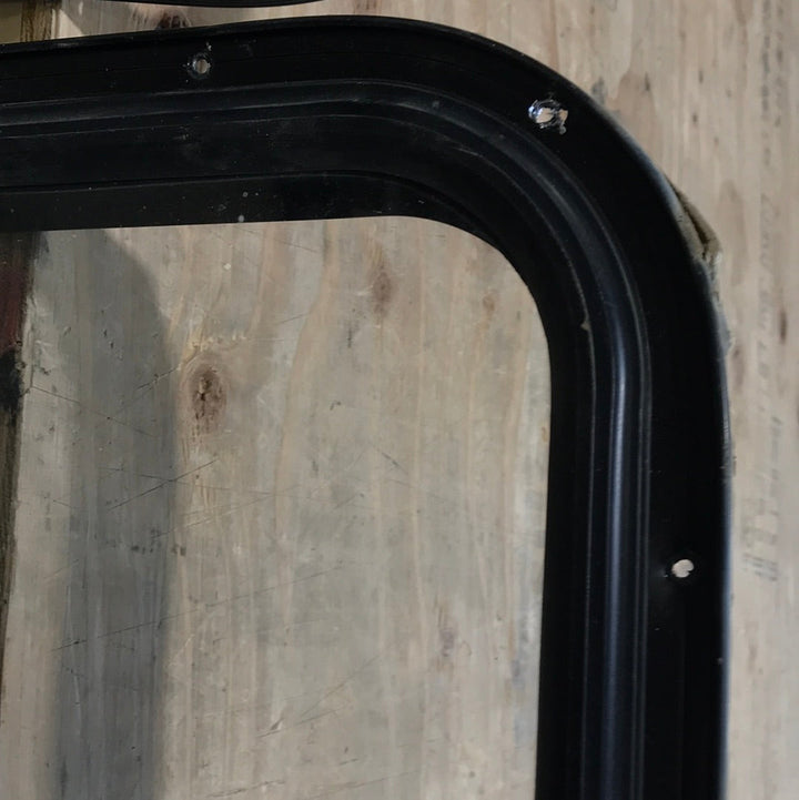 USED Black Radius Opening Window : 42 1/2" W x 22 1/2" H x 2" D - Young Farts RV Parts