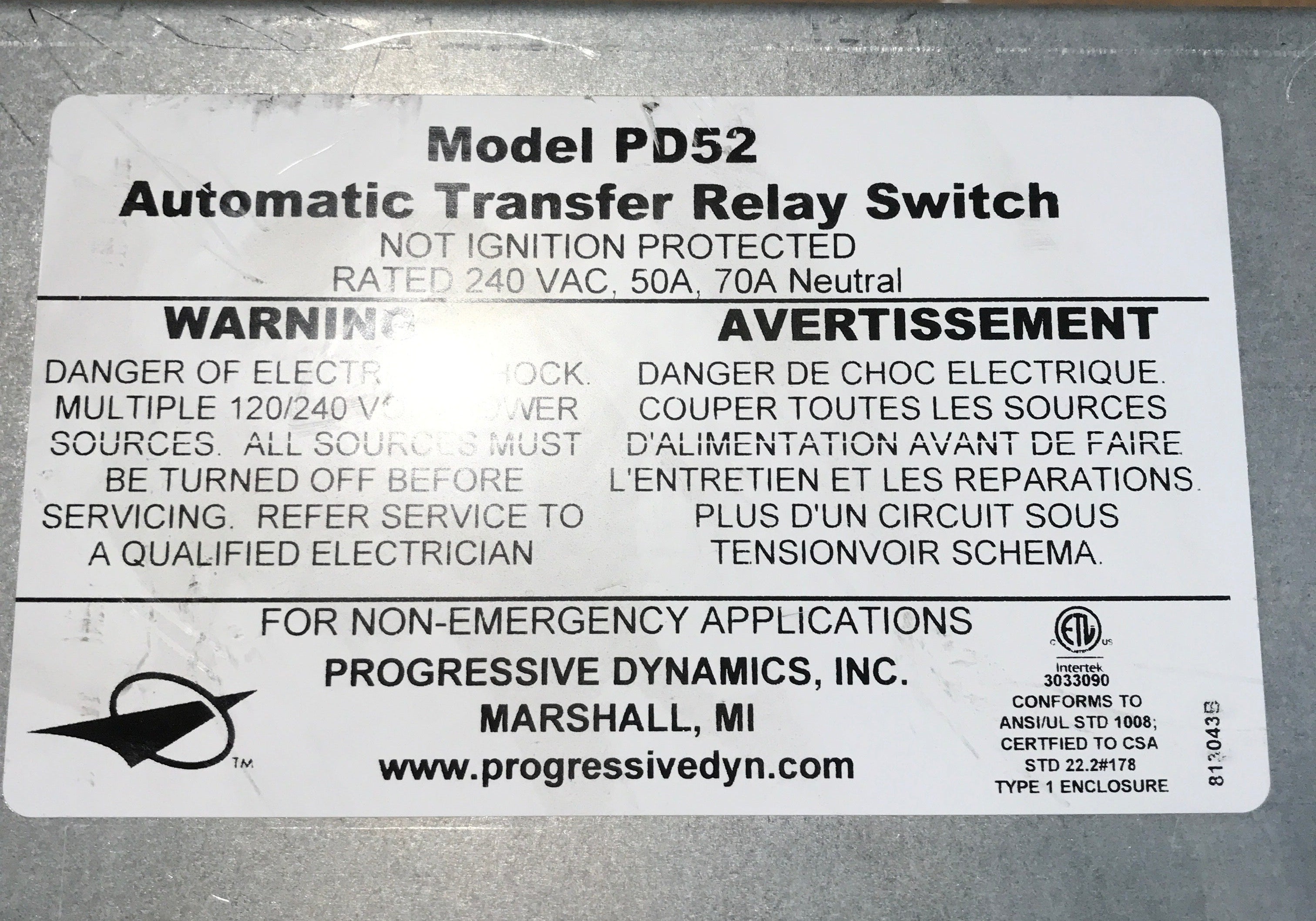 Used Progressive Dynamics Power Transfer Switch 5200 Series, 240 Volt AC/ 50 Amps - PD52