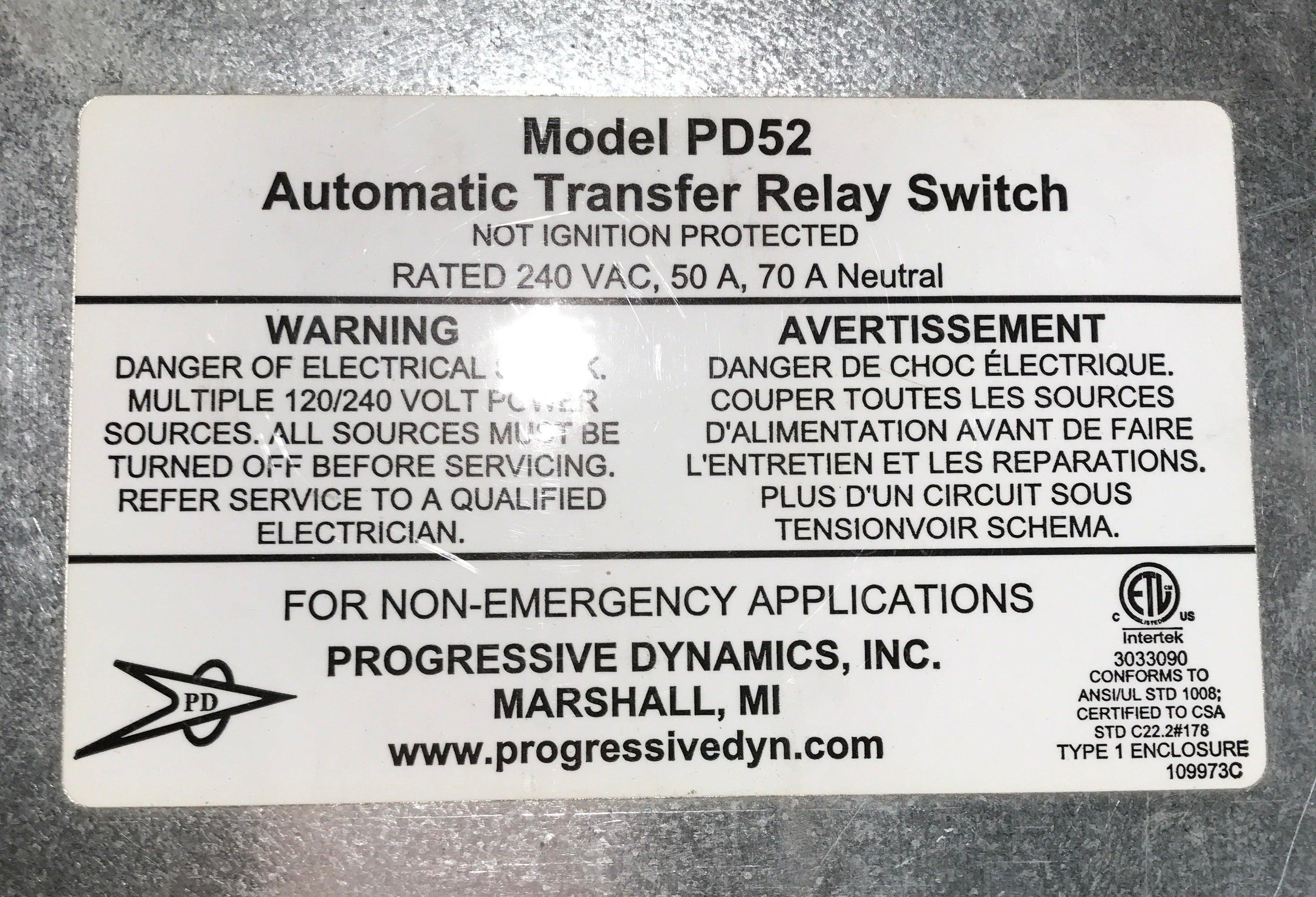 Used Progressive Dynamics Power Transfer Switch 5200 Series, 240 Volt AC/ 50 Amps - PD52