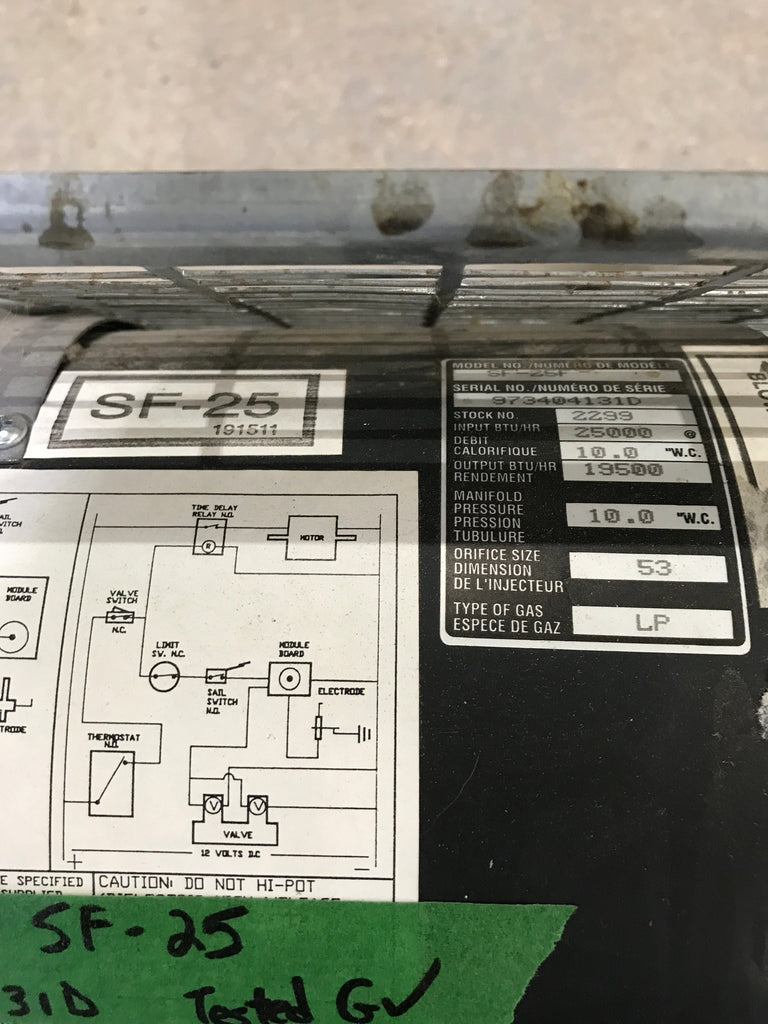 25000 BTU USED SF-25 Suburban RV Propane Furnace