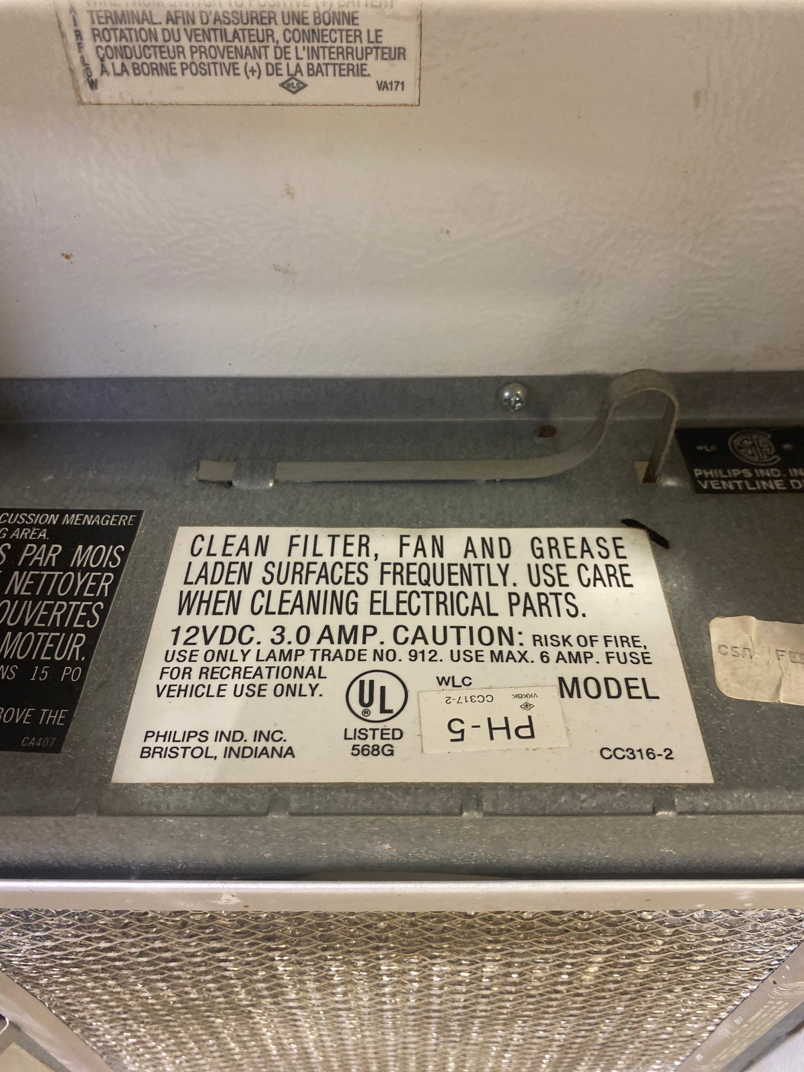 Used Ventline RV Range Hood Fan CC317-2