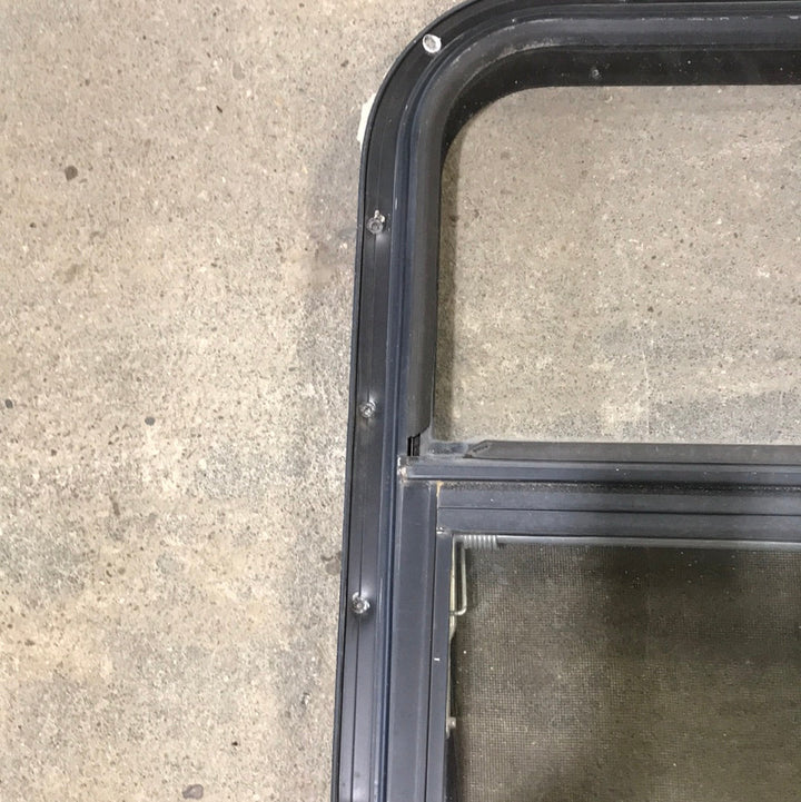 USED Black Radius Opening Window : 42 1/2" W x 22 1/2" H x 2" D - Young Farts RV Parts