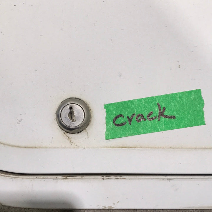 Used White Corner radius cargo door  23 3/4" W x 13 3/4" H x 1"D - Young Farts RV Parts