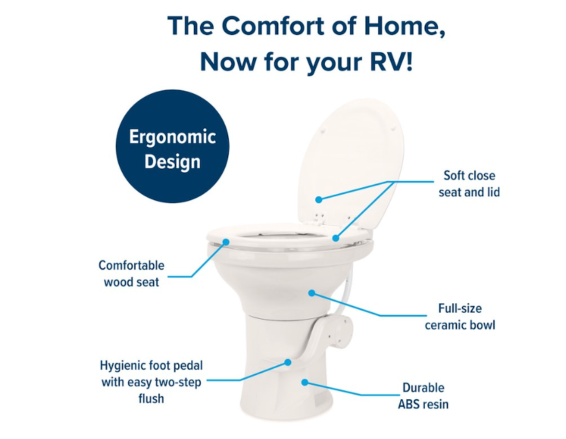 Camco 41715 High Profile Toilet, Ceramic Bowl/Slow Close Wood Seat And Lid - Bone Colour