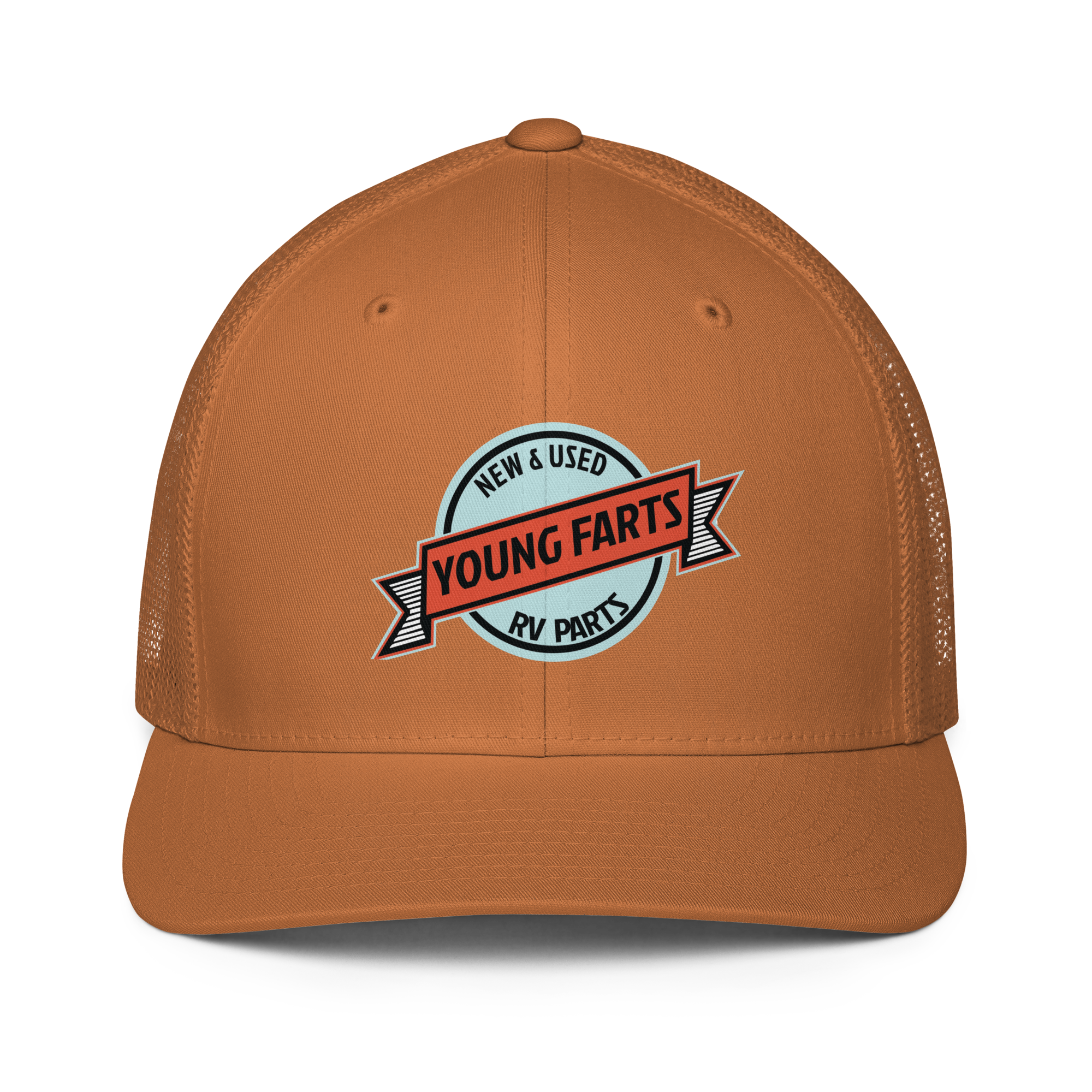 Young Farts Looks Better Dirty Trucker Hat in Caramel – front view