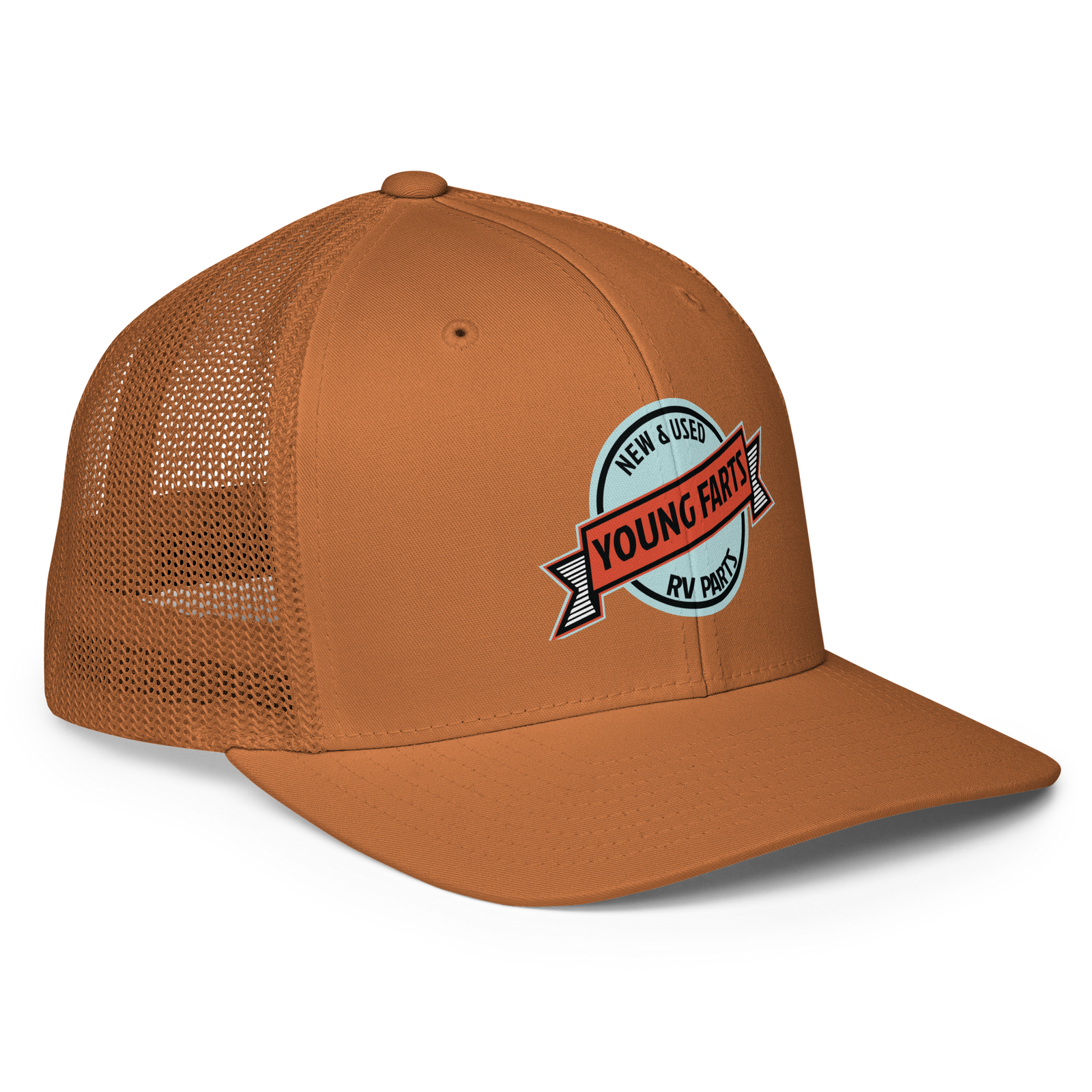 Young Farts Looks Better Dirty Trucker Hat in Caramel – right-front view