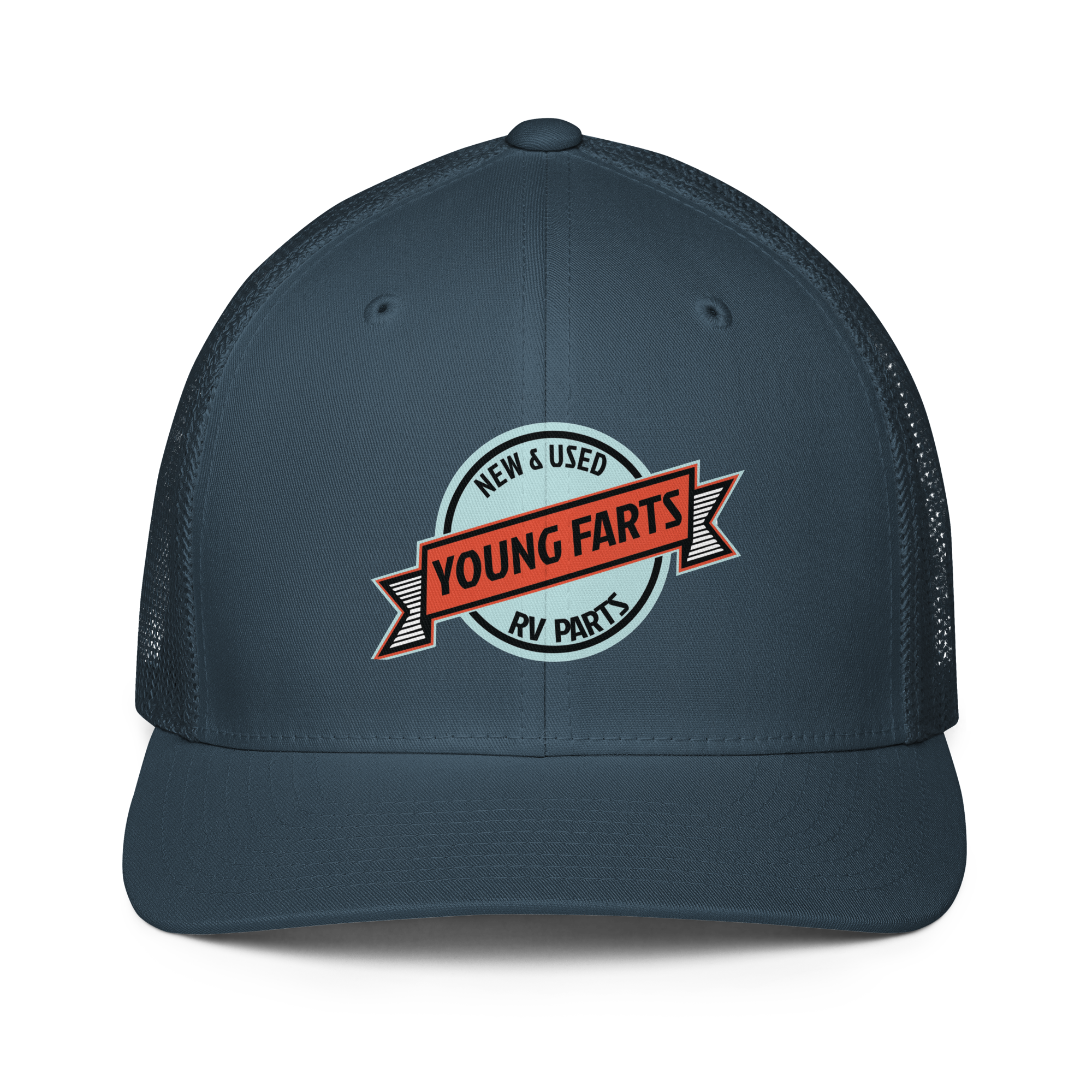 Young Farts Looks Better Dirty Trucker Hat in Navy – front view