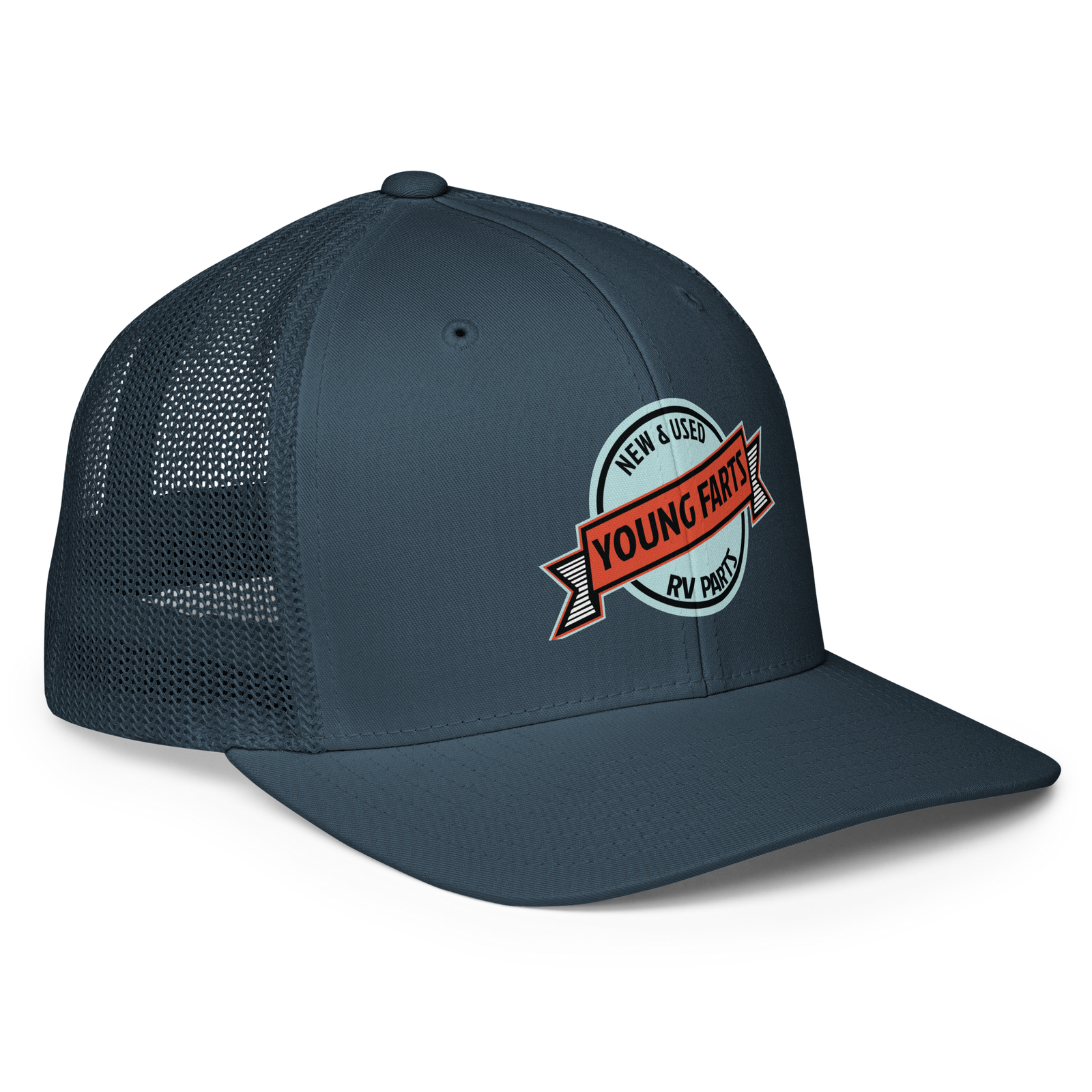 Young Farts Looks Better Dirty Trucker Hat in Navy – right-front view