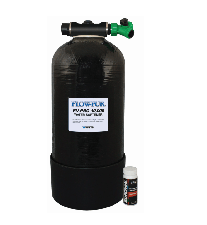 FlowPur/ Watts M7002 Single Tank Water Softener, 3/4" Female Garden Hose Inlet Connection x 3/4" Outlet Connection, 10000 Grains Removal Capacity, 9" x 21" Softener Tank Size/ 26 Pound Overall Weight, 0.33 Cubic Foot Premium High Capacity Ion Exchange Res - Young Farts RV Parts