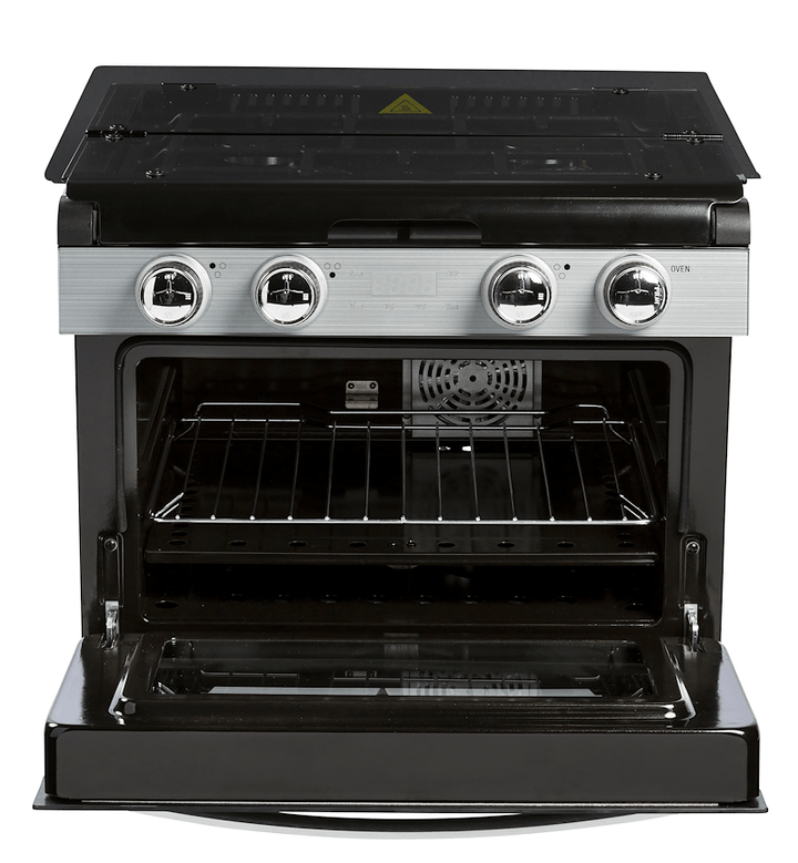 Invision 480 - 2730 Range - Black Porcelain Top With Open Glass Door And Stainless Steel Handle - Young Farts RV Parts