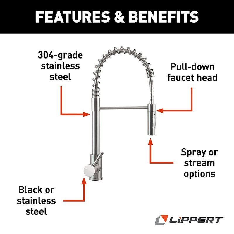 Lippert Components 719323 Coiled Pull - Down Stainless Steel Faucet - Young Farts RV Parts