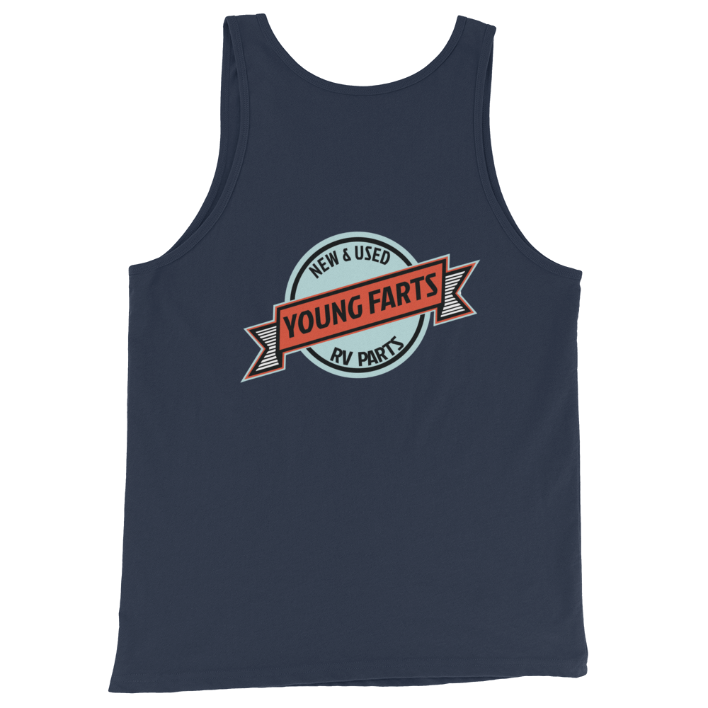Young Farts Sun’s Out, Farts Out Tank Top with front and back print in Navy