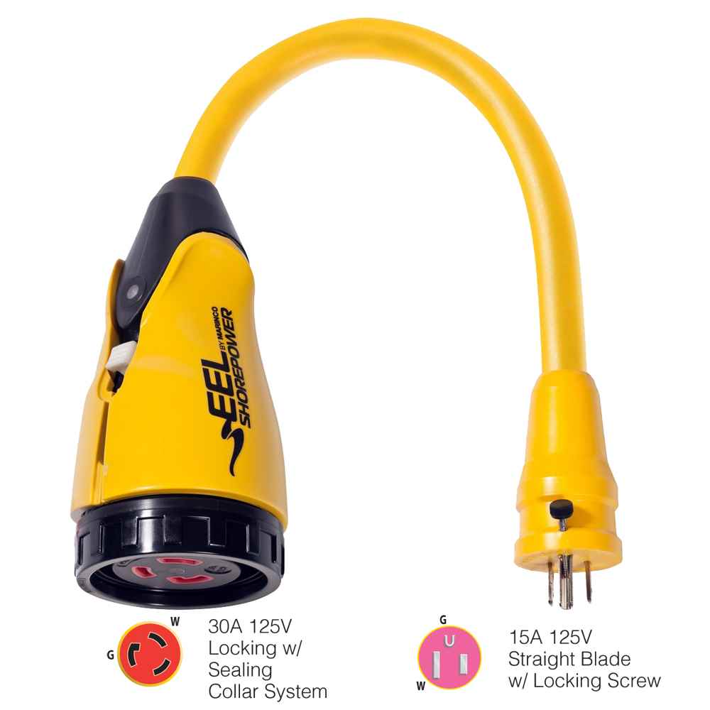 P15 - 30 EEL 30A - 125V Female to 15A - 125V Male Pigtail Adapter - Yellow - Young Farts RV Parts