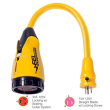 Load image into Gallery viewer, P15 - 30 EEL 30A - 125V Female to 15A - 125V Male Pigtail Adapter - Yellow - Young Farts RV Parts