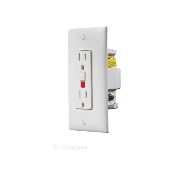 Receptacle RV Designer S801 Use With 125 Volt AC Grounded Two - Wire Branch Circuits (15 Amp Or 20 Amp Overcurrent Protected Systems); Ground Fault Interrupter Type; White; With Cover Plate - Young Farts RV Parts