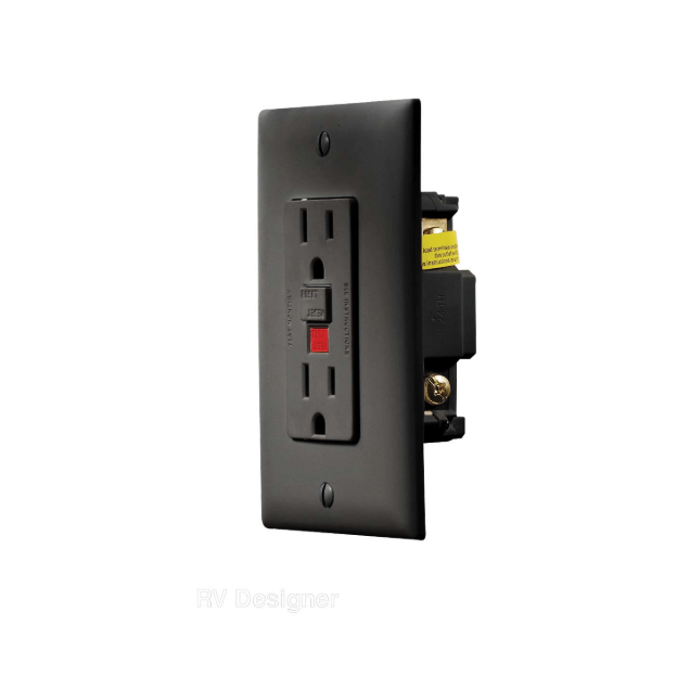 Receptacle RV Designer S807 Use With 125 Volt AC Grounded Two - Wire Branch Circuits (15 Amp Or 20 Amp Overcurrent Protected Systems); Ground Fault Interrupter Type; Black; With Cover Plate - Young Farts RV Parts