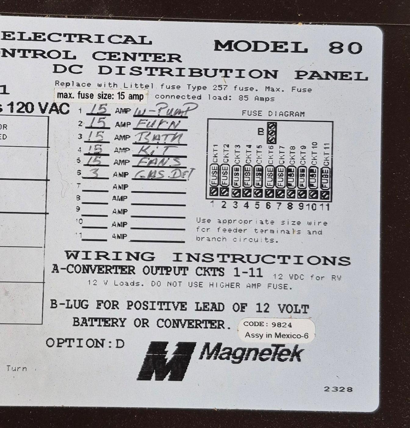 Used 30 AMP Magnetek DC Distribution Panel - Model 80 - Young Farts RV Parts