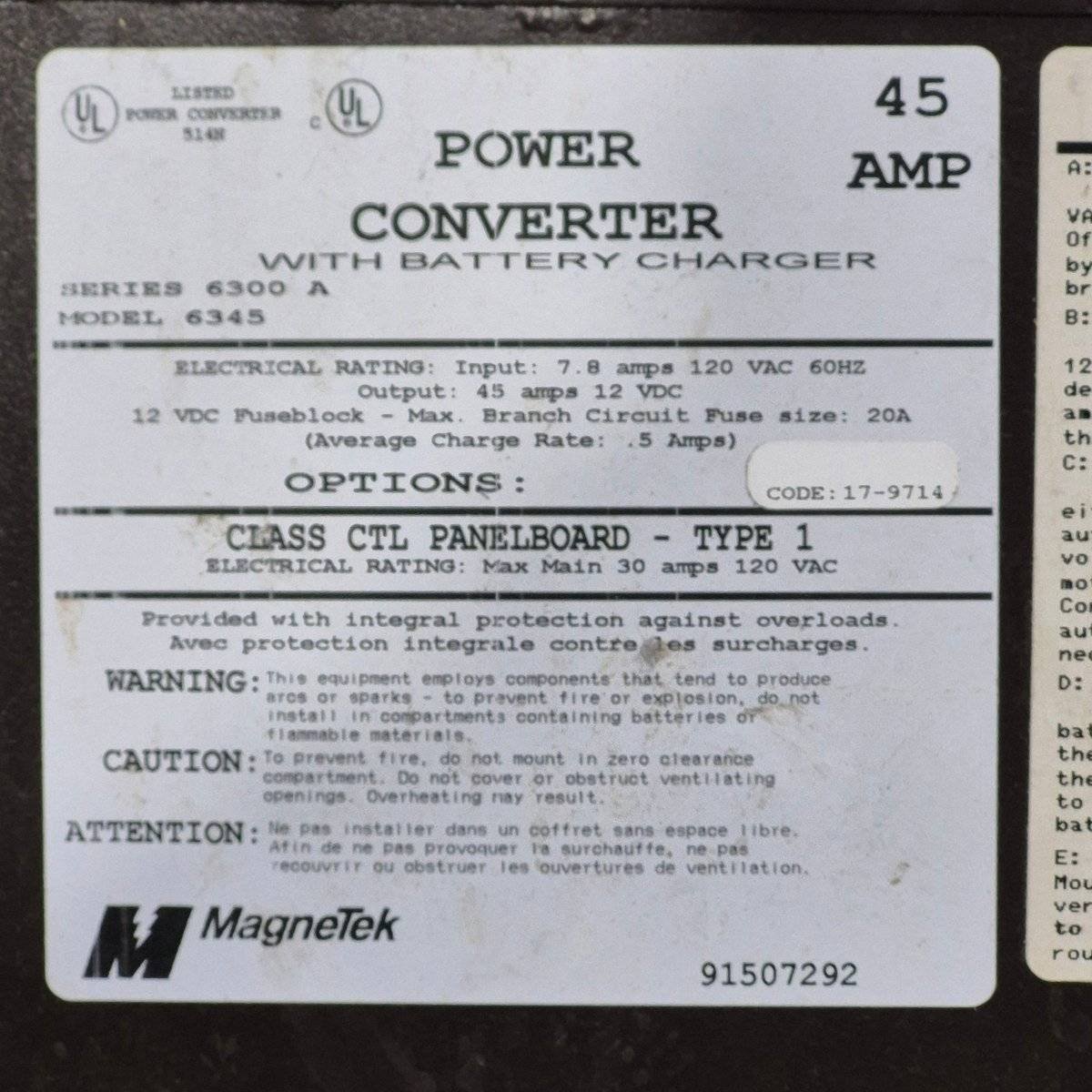 Used 45 AMP Magnetek Converter - Series 6300 A , Model 6345 - Young Farts RV Parts
