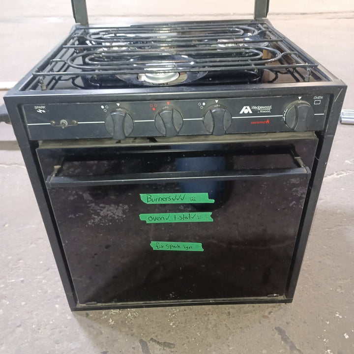 Used Atwood / Wedgewood Range Stove 3-Burner - R2137BGP - L 20" × W 20" × H 21" - Young Farts RV Parts
