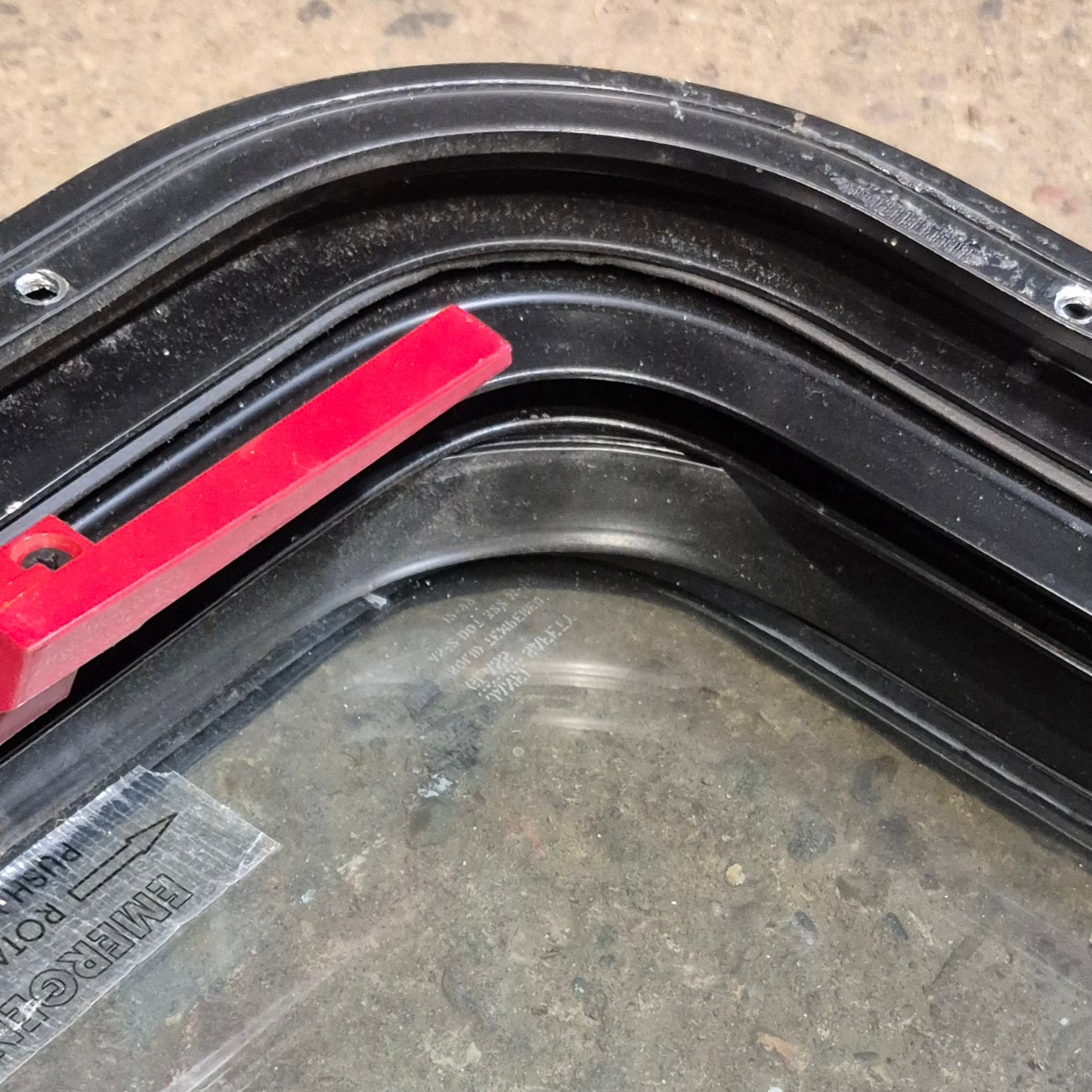 Used Black Radius Emergency Opening Window : 29 1/2" W x 21 1/2" H x 2" D - Young Farts RV Parts