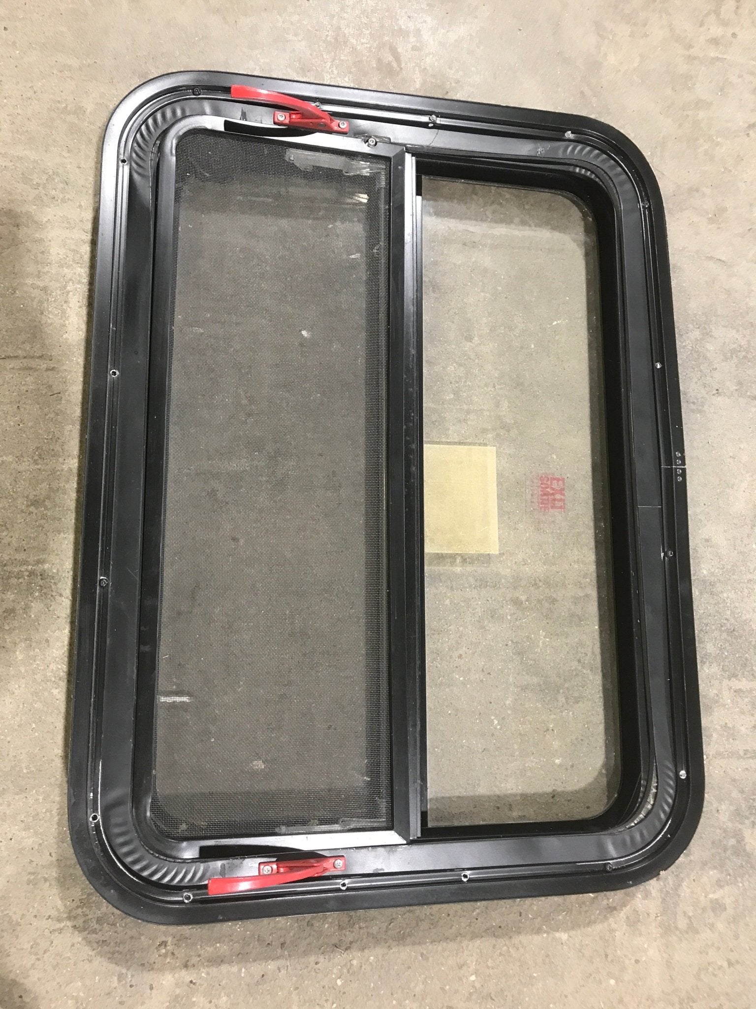Used Black Radius Emergency Opening Window : 29 1/2" W X 29 1/2" H X 2" D - Young Farts RV Parts